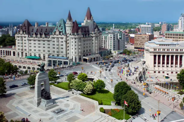 Aerial view of Ottawa's Cenotaph and Chateau Laurier on a sunny afternoon