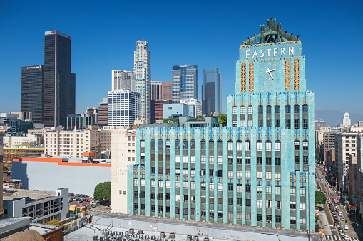 The art deco style Eastern Columbia Building and downtown Los Angeles California USA on a sunny day.