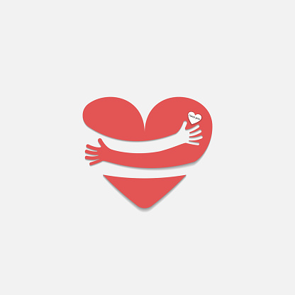 Red heart shape with hand embrace.Hug yourself logo.Love yourself logo.Love and Heart Care icon.Happy valentines day concept.Healthcare & medical concept.Vector illustration