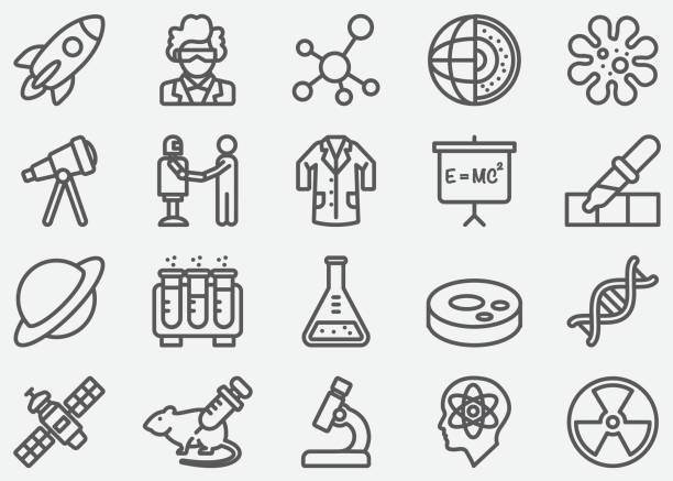 иконы научной линии - microscope scientist science vector stock illustrations