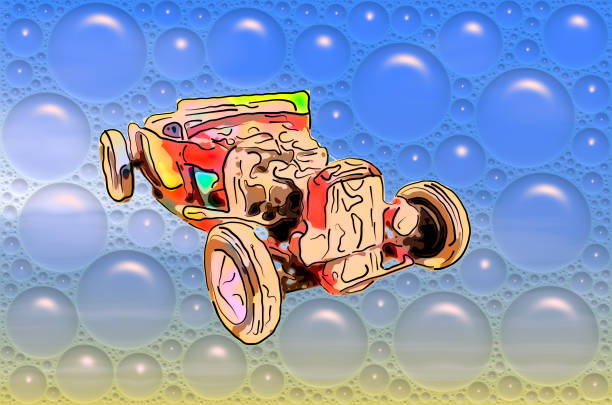 istock Image of funny red antique cabriolet in a blue bubbles 909851674