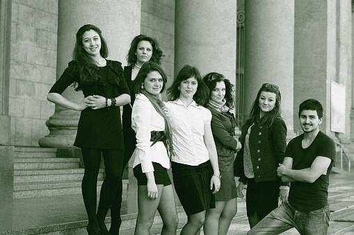 friends of students facing the Institute. Black-and-white photo in the retro style