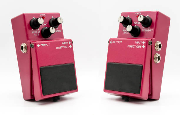 Red vintage guitar pedal isolated on white background