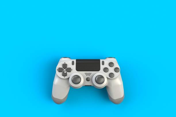 istock Computer game competition. Gaming concept. White joystick isolated on blue background, 3D rendering 909862690