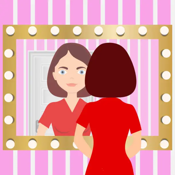 Vector illustration of A woman looks in the mirror. Reflection of a woman in a mirror.