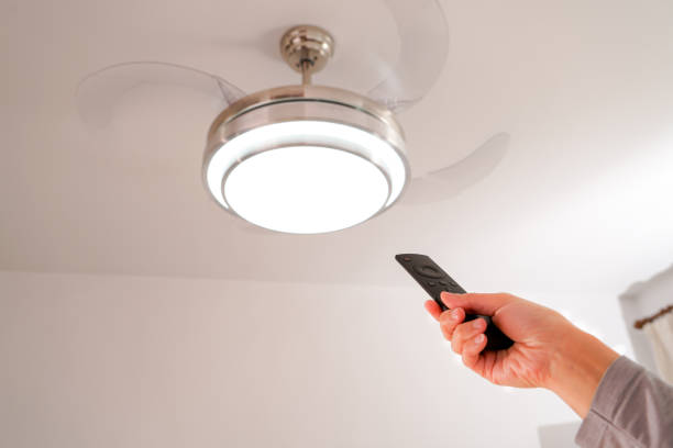 istock women hand is controlling the lamp and fan 909866746