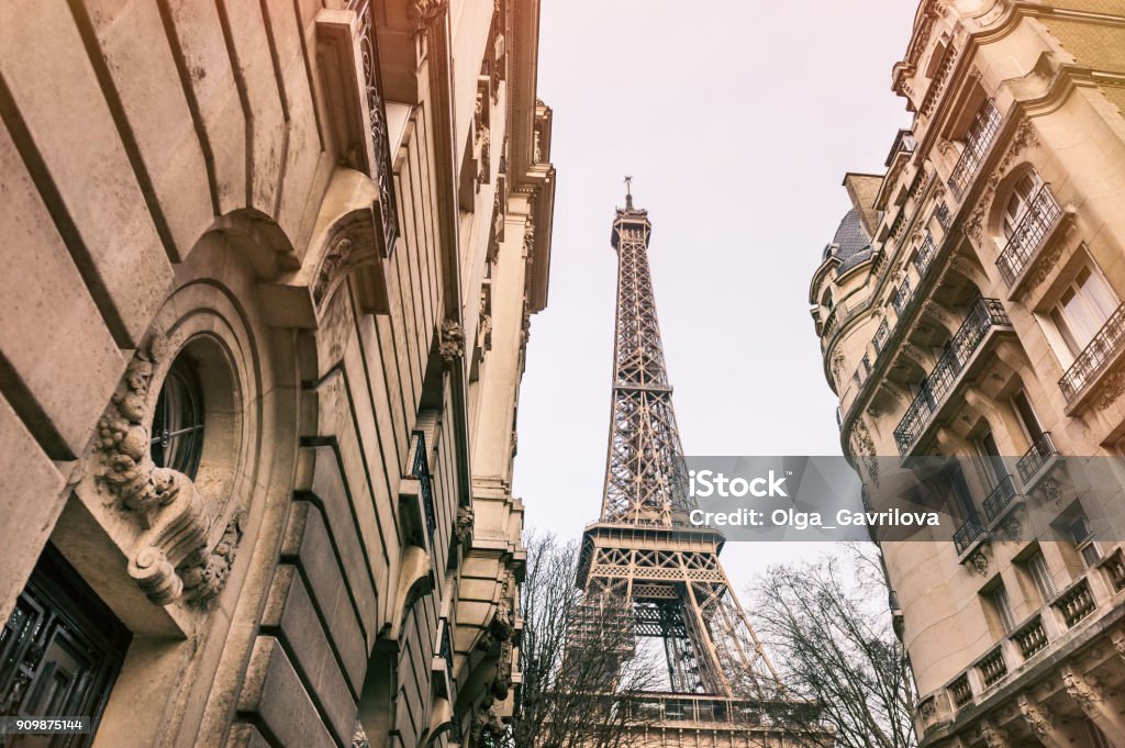 Eiffel Tower in Paris, France Eiffel Tower view from cozy street in Paris, France Paris - France Stock Photo