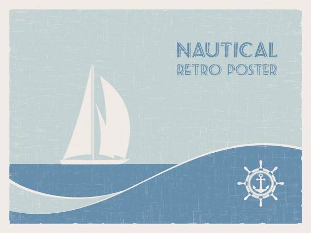 Nautical retro poster. Nautical retro poster. Sailboat on sea background. Vector illustration. sailing background stock illustrations