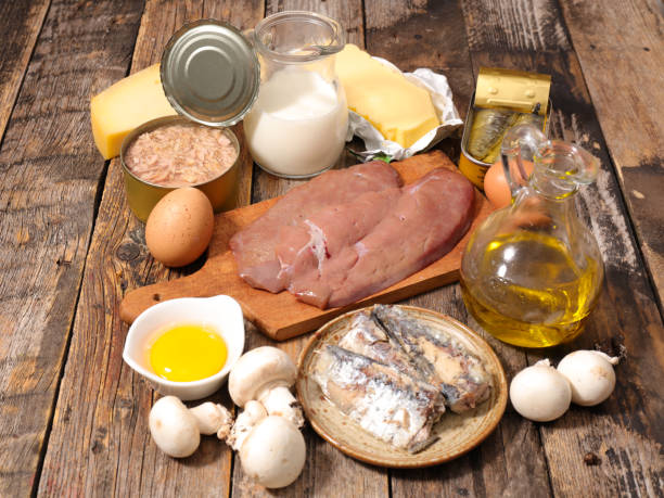 ビタミン d の高い食品の選択 - vitamin d meat food eggs ストックフォトと画像