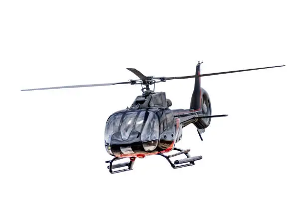 Front view of flying helicopter, isolated on white background