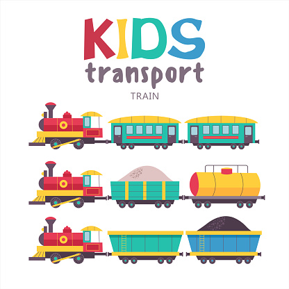 Children's transport collection. Vector illustration. Isolated on white background. A large set of railway transport.