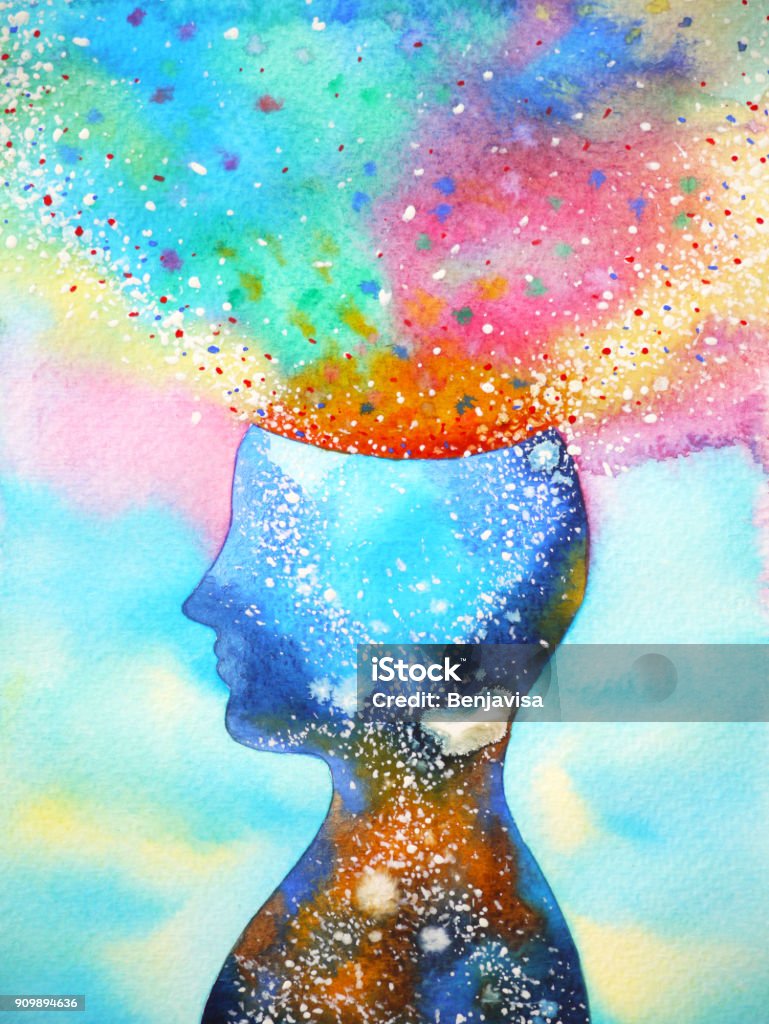 Menschenkopf, Chakra Energie, Inspiration abstraktes denken, Welt, Universum in Ihrem Kopf, Aquarell Malerei - Lizenzfrei Betrachtung Stock-Illustration