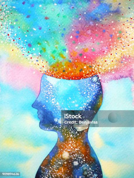 Menschenkopf Chakra Energie Inspiration Abstraktes Denken Welt Universum In Ihrem Kopf Aquarell Malerei Stock Vektor Art und mehr Bilder von Betrachtung