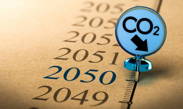 2050 climate plan, reduce carbon dioxide footprint. Special Pushpin with the text co2 pined on a timeline in front of the year 2050. Concept of climate plan and carbon dioxide reduction. co2 drawings stock pictures, royalty-free photos & images