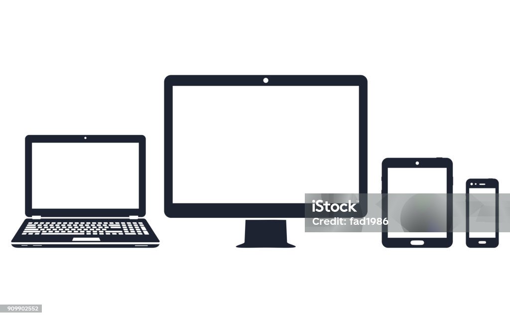 Ícones de dispositivo - computador desktop, laptop, Smartphone e tablet - Vetor de Laptop royalty-free