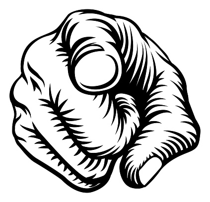 A hand pointing a finger in a wants or needs you gesture in a vintage woodcut style.