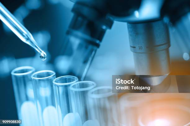 Microscope With Lab Glassware Stock Photo - Download Image Now - Laboratory, Research, Medicine