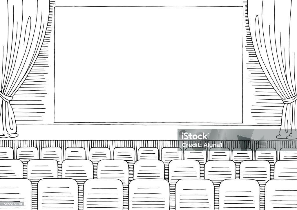 Cinema interior graphic black white sketch illustration vector Movie Theater stock vector