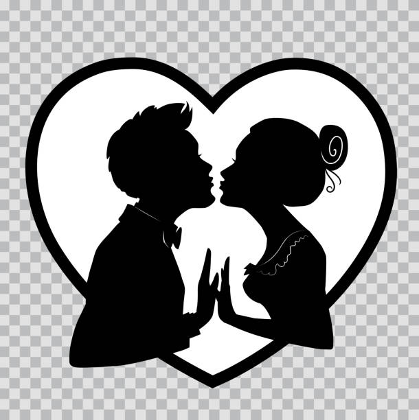 ilustrações, clipart, desenhos animados e ícones de amantes beijo no fundo do coração grande. silhuetas em um fundo transparente para dia dos namorados. - couple in love