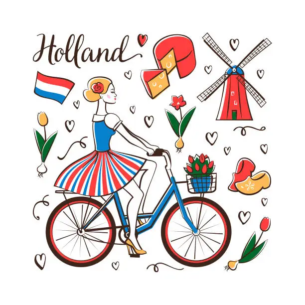 Vector illustration of Riding a bicycle in Holland