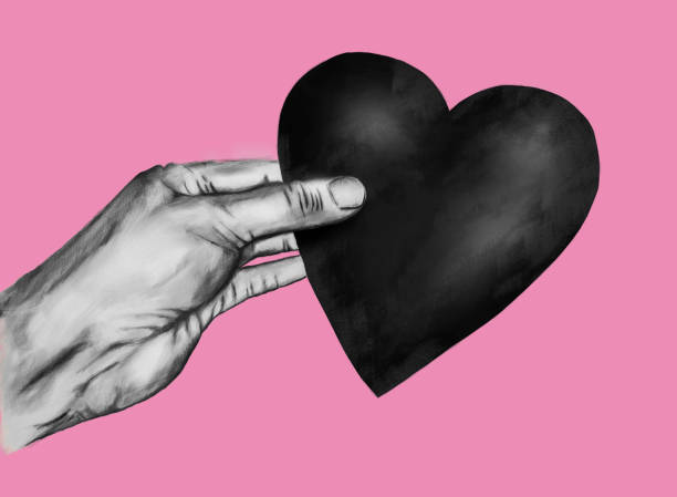 black and white hand holding a heart with pink background vector art illustration