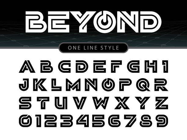 Vector of stylized rounded font and alphabet Vector of Futuristic Alphabet Letters and numbers, One linear stylized rounded fonts, One single line for each letter, Bold Letters set for sci-fi, military. silver chrome number 8 stock illustrations