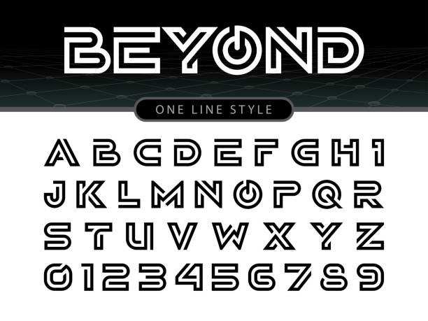 Vector of stylized rounded font and alphabet Vector of Futuristic Alphabet Letters and numbers, One linear stylized rounded fonts, One single line for each letter, Black Letters set for sci-fi, military. silver chrome number 8 stock illustrations