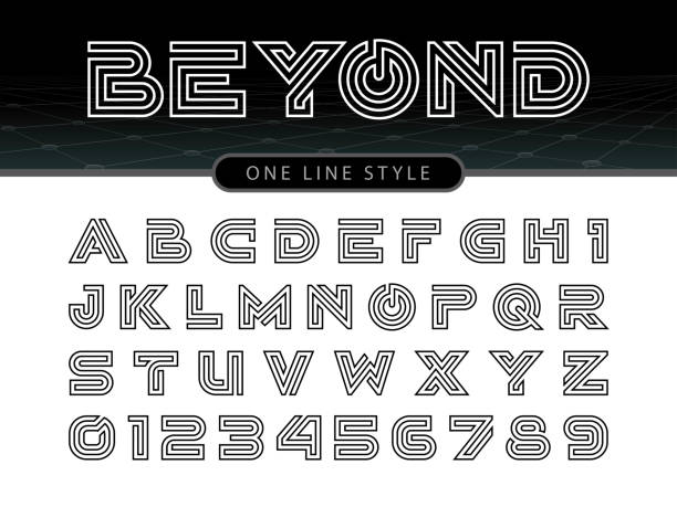 Vector of stylized rounded font and alphabet Vector of Futuristic Alphabet Letters and numbers, One linear stylized rounded fonts, One single line for each letter, Double Line Letters set for sci-fi, military. silver chrome number 8 stock illustrations
