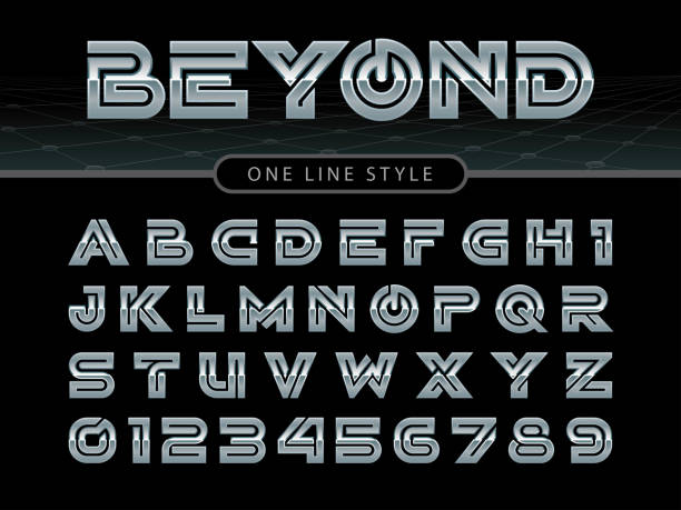 Vector of stylized rounded font and alphabet Vector of Futuristic Alphabet Letters and numbers, One linear stylized rounded fonts, One single line for each letter, Chromium Letters set for sci-fi, military. silver chrome number 8 stock illustrations