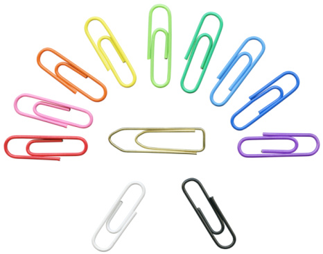 Spectrum of colored and metal paper clips in hi resolution, isolated on white. All clips have individual clipping path. Each clip size approximate 2700x900 pixels.