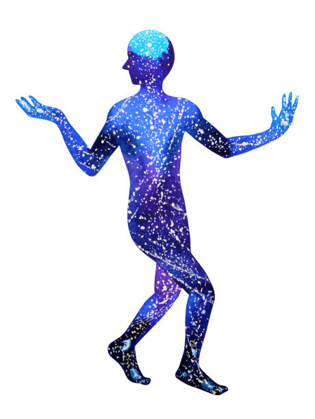 istock human walking raise hand up power energy pose, abstract universe sky star body watercolor painting hand drawing 909930580