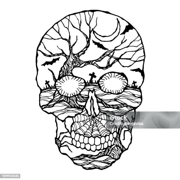 Sugar Skull Day Of The Dead Human Head Vector Design Illustration Hand Drawn Stock Illustration - Download Image Now