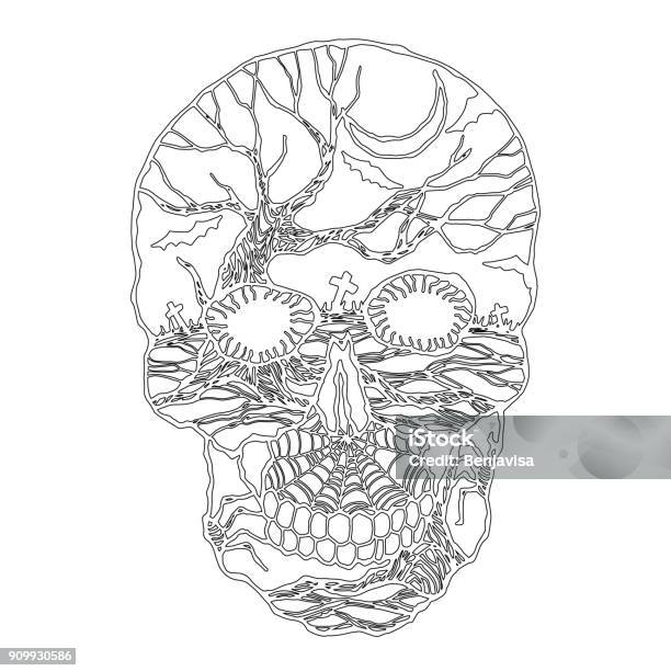 Sugar Skull Day Of The Dead Human Head Vector Design Illustration Hand Drawn Stock Illustration - Download Image Now