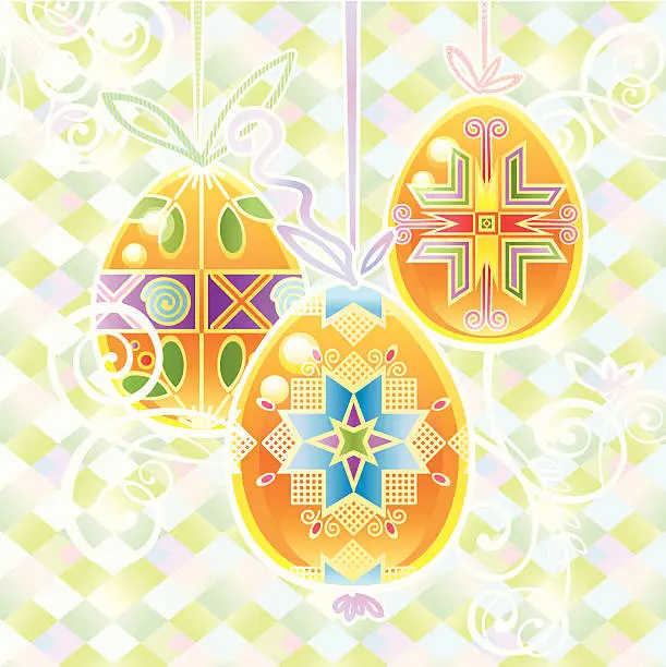 Vector illustration of Three Ukrainian Gold Easter eggs on ribbon