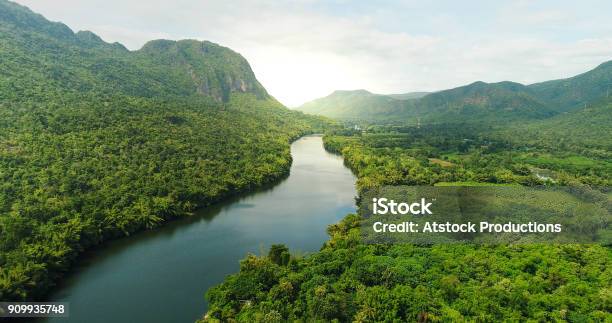 Photo libre de droit de Vue Aérienne De La Rivière En Vert De La Forêt Tropicale Avec Des Montagnes En Arrièreplan banque d'images et plus d'images libres de droit de Fleuve et rivière