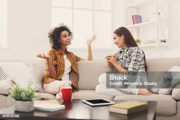 Two Young Female Friends With Coffee Conversing Stock Photo - Download Image Now - Friendship, Talking, Discussion