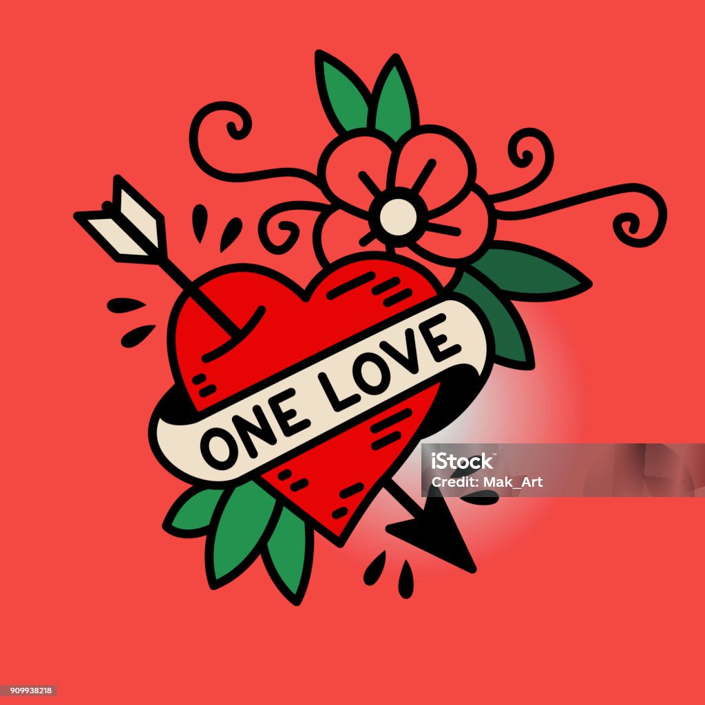 Heart One Love nello stile tradizionale del tatuaggio della vecchia scuola - arte vettoriale royalty-free di Simbolo di cuore