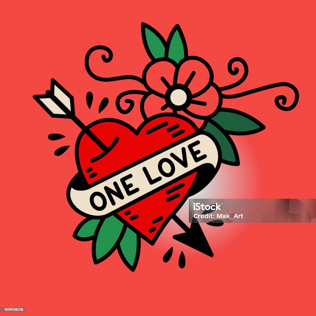 Heart One Love in the traditional style of old school tattoo Heart One Love in the traditional style of old school tattoo vector illustration Heart Shape stock vector