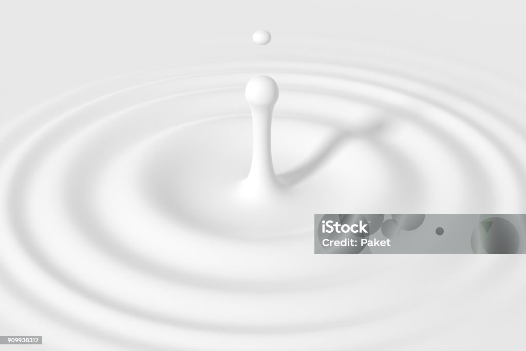 Drop falling into cream or milk Drop falling on milk, cream, dairy product. Yogurt milkshake swirl texture. Graphic design element for packaging, advertisement flyer, poster. Cream splash with circle ripple and drop. 3d illustration Milk Stock Photo