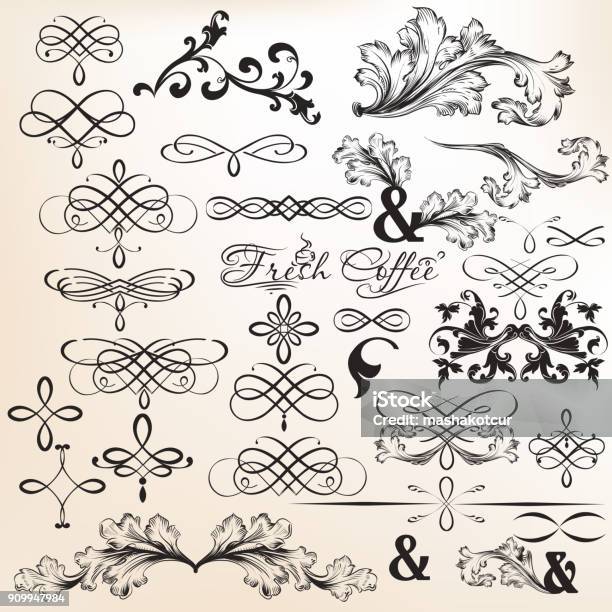 Collection Of Calligraphic Vector Decorative Elements In Vintage Style Stock Illustration - Download Image Now