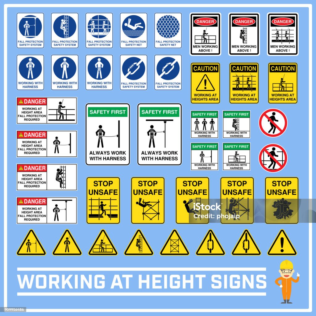 Ensemble de sécurité attention signes et symboles du travail en hauteur, travail à hauteur signe à utiliser en construction dans le monde entier et des services industriels - clipart vectoriel de Sûreté libre de droits