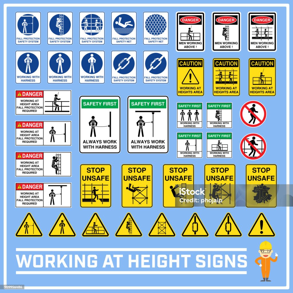 Set of safety caution signs and symbols of working at heights, Working at height signs to use in worldwide construction and industrial services Safety stock vector