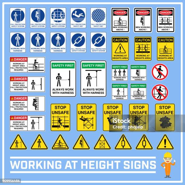 Set Of Safety Caution Signs And Symbols Of Working At Heights Working At Height Signs To Use In Worldwide Construction And Industrial Services Stock Illustration - Download Image Now