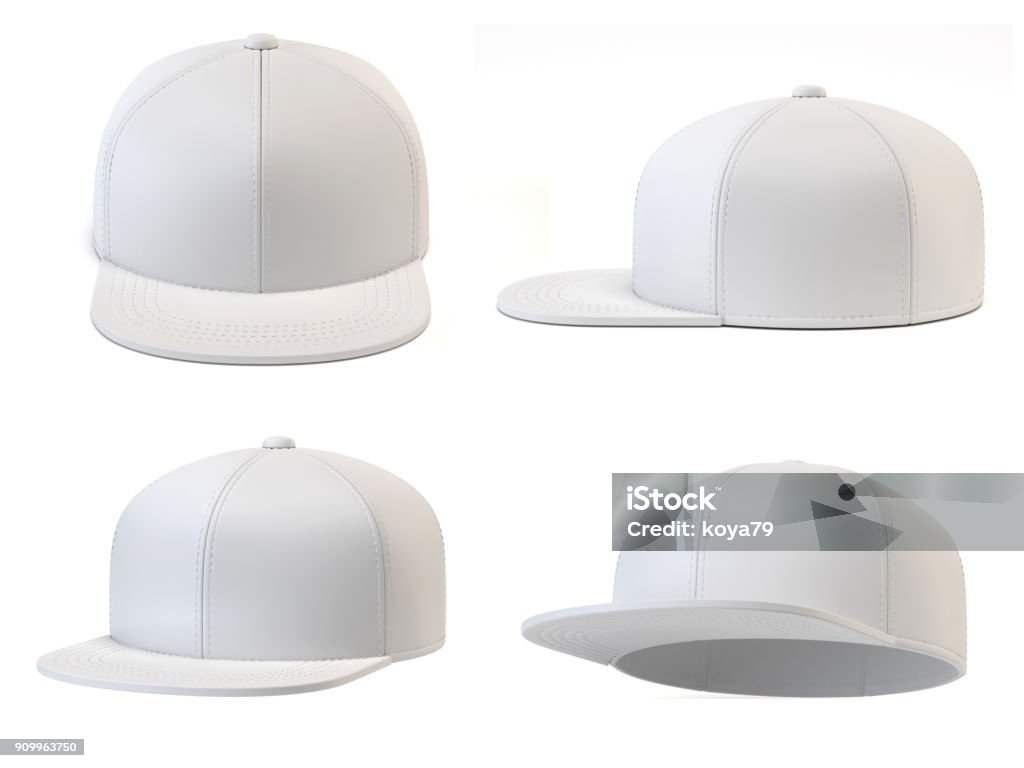 White snap back mock up, blank hat template, various views, isolated on white background 3d rendering Cap - Hat Stock Photo