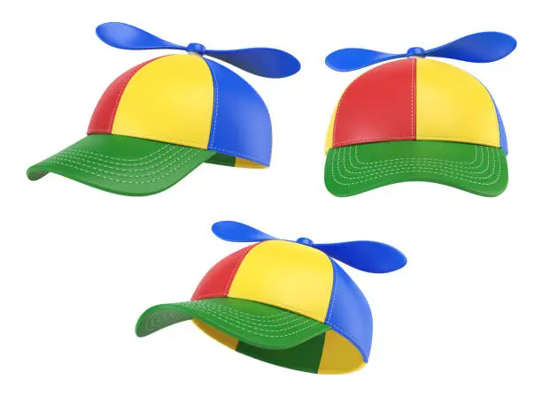Photo of Kids cap with propeller, colorful hat, various views, 3d rendering
