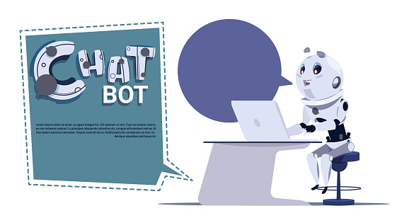 Using Chat Bot On Computer Chat Bot Cute Robot Use Laptop Computer Template Banner With Copy Space ...