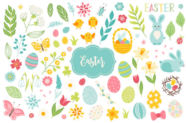 ilustrações, clipart, desenhos animados e ícones de conjunto de elementos de design de páscoa. ovos, galinha, borboleta, coelho, tulipas - easter