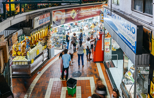 Belo Horizonte, Brazil - Dec 23, 2017: Mercardo Central is a lively indoor market featuring food, crafts souvenir vendors, plus informal bars restaurants