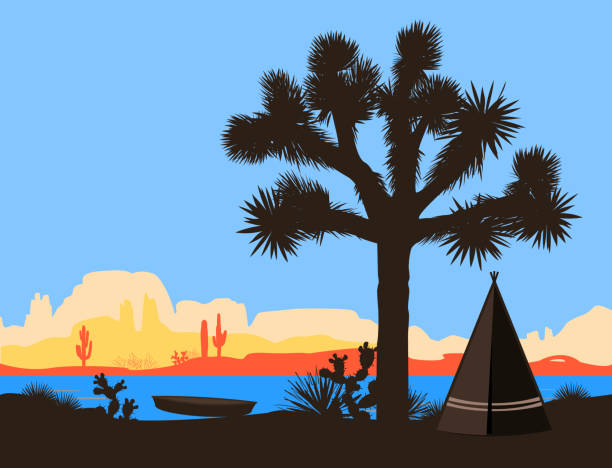 teknenin kızılderili kızılderili çadırı ve joshua tree yakın ındaki nehir kıyısında. vektör çizim - joshua stock illustrations