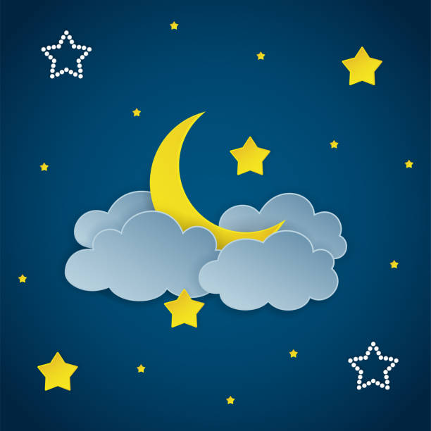ciemne nocne niebo z chmurami, gwiazdami i półksiężycem. ilustracja wektorowa. - bedtime stock illustrations